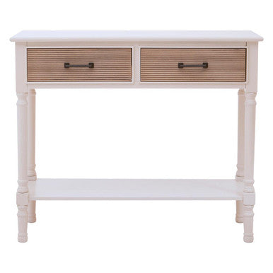 White Natural Wood Console Table with Two Carved Detail Drawers and Lower Shelf, Heritage