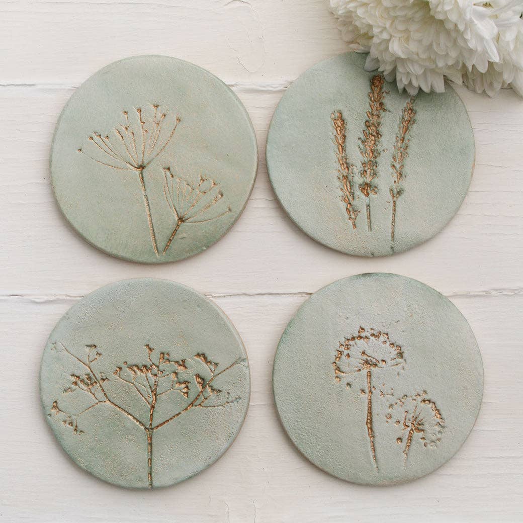 Juliet Reeves Green and Gold Wild Flower Ceramic Coasters Set of 4