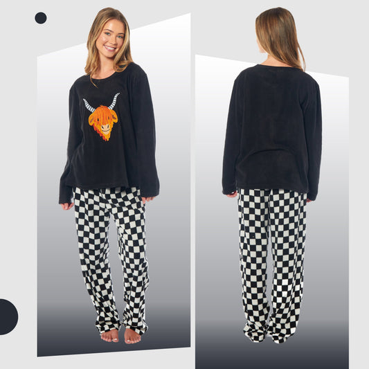 Women's Highland Cow Thermal Fleece Pyjamas Set Soft Warm Winter PJs Animal Print Loungewear Sleepwear Long Sleeve Top and Bottom by Daisy Dreamer
