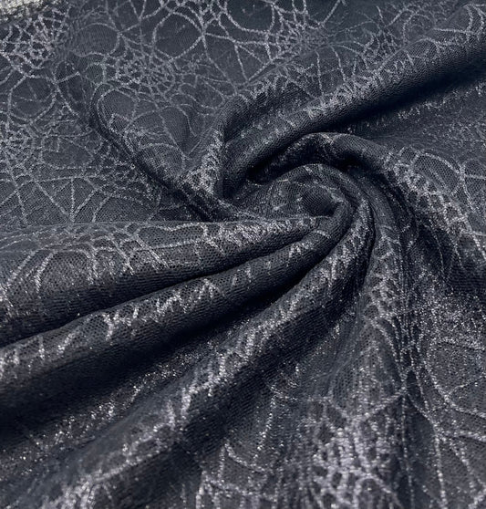 Dark Grey Black Cobweb Halloween Print Mesh Fabric Stretch