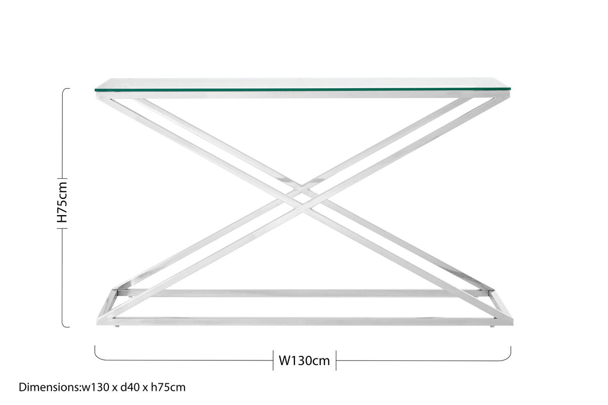 Clear Tempered Glass Top Console Table with Stainless Steel Criss Cross Base | Montril