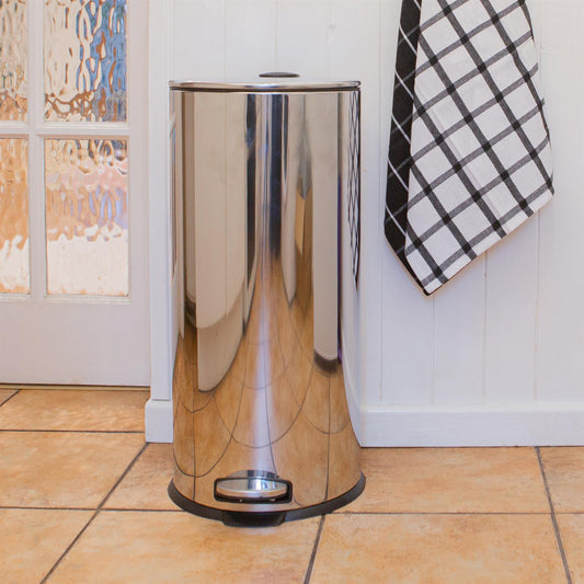 30L Chrome Round Stainless Steel Kitchen Pedal Bin