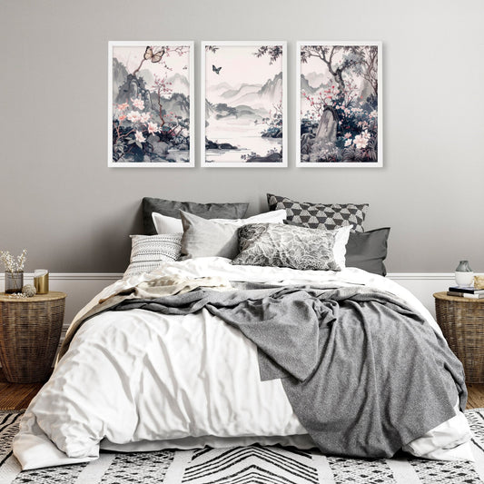 Decorating Bedroom Walls | Set of 3 Chinoiserie Wall art Prints