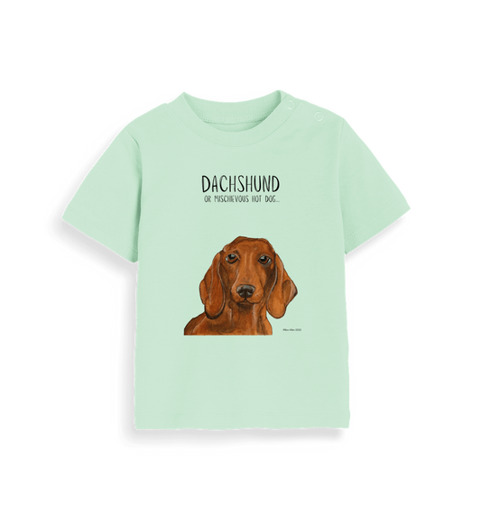 Mischievous Hot Dog Baby Tee – Small But Mighty! Red Dachshund