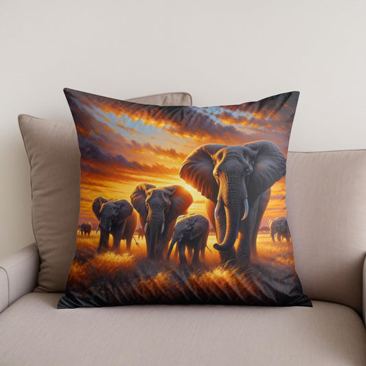Elephant Savannah Sunset Cotton Cushion