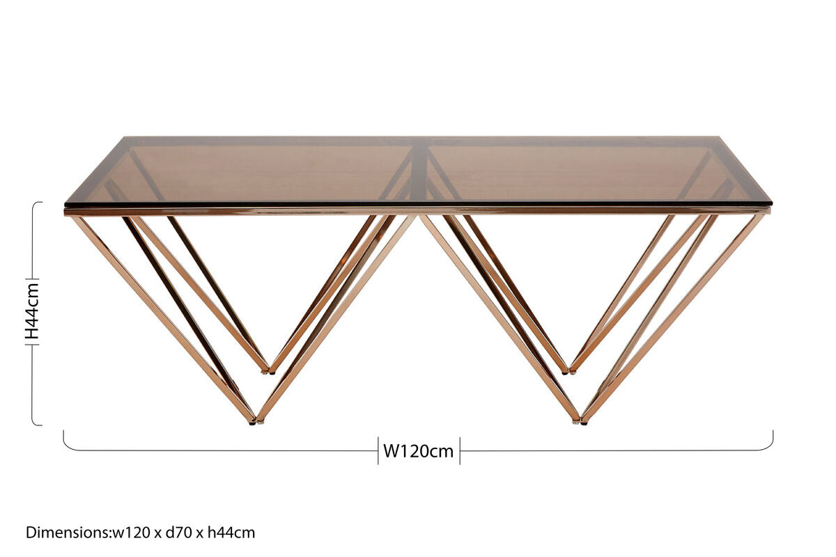 Red-Tinted Tempered Glass Top Coffee Table with Geometric Prismatic Champagne Metal Legs | Allure