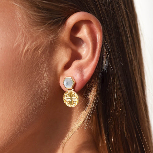 Thea Hexagon Gemstone Stud Earrings with Ornate Coins: Mother of Pearl with Crystal