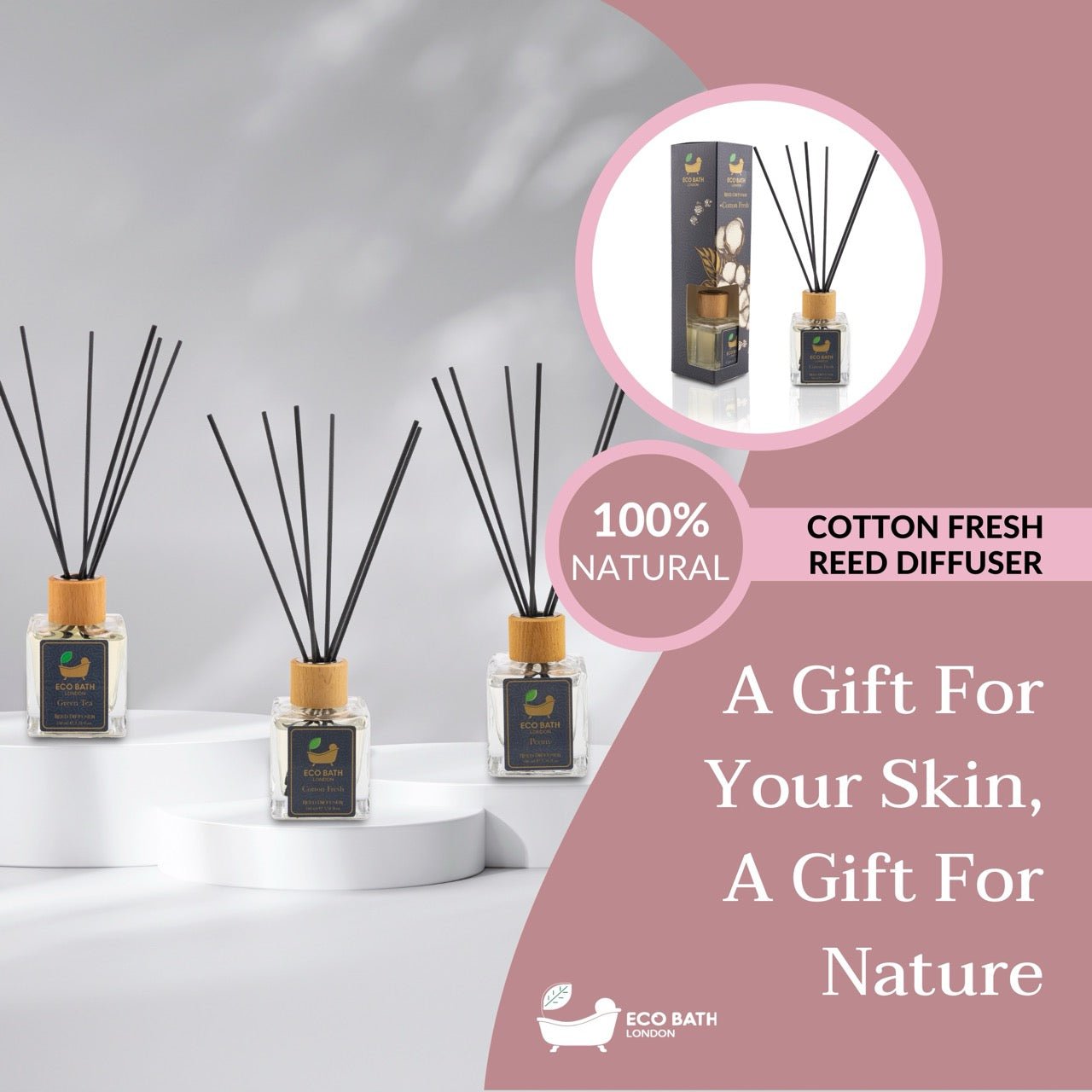 Eco Bath London Cotton Fresh Reed Diffuser 100ml (3.38 Fl.Oz) - Luxurious Calming Reed Diffuser for Home Fragrance
