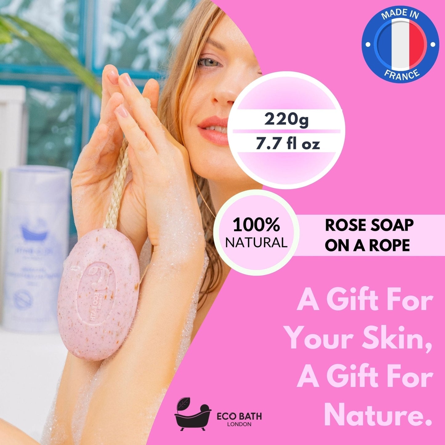 Eco Bath London Rose Soap on a Rope 220g - Luxurious and Eco Friendly Body Wash Bar with Shea Butter