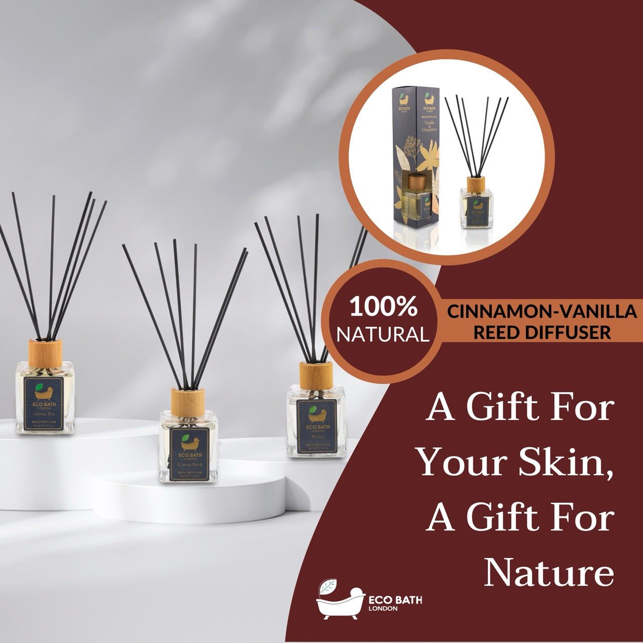 Eco Bath London Vanilla Cinnamon Reed Diffuser - Luxurious Herbal Scent of Cinnamon and Vanilla, Long Lasting Room Diffuser, 100ml (3.38 Fl.Oz)