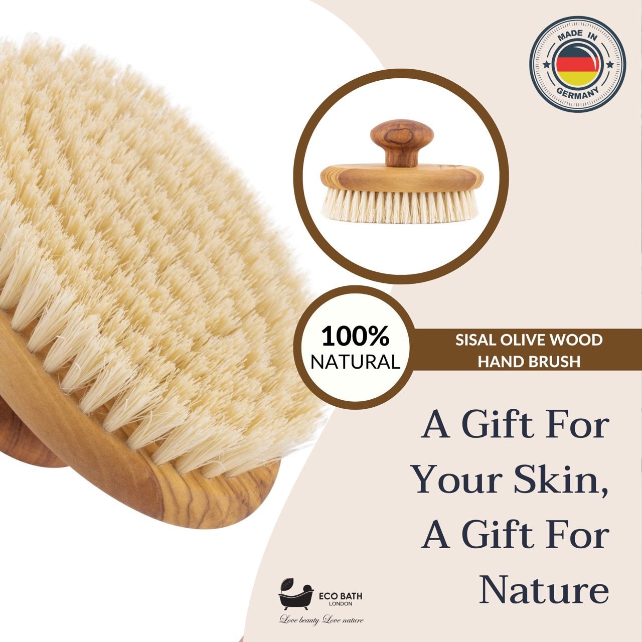 Eco Bath London Natural Sisal Olive Wood Hand Brush - Premium Olive Wood Sisal Hand Brush