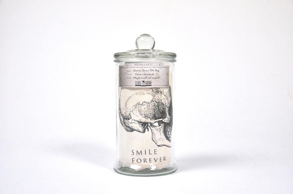 Mr Sci Glass Specimen Jar & Science Tote Bag Smile Forever (Skull)