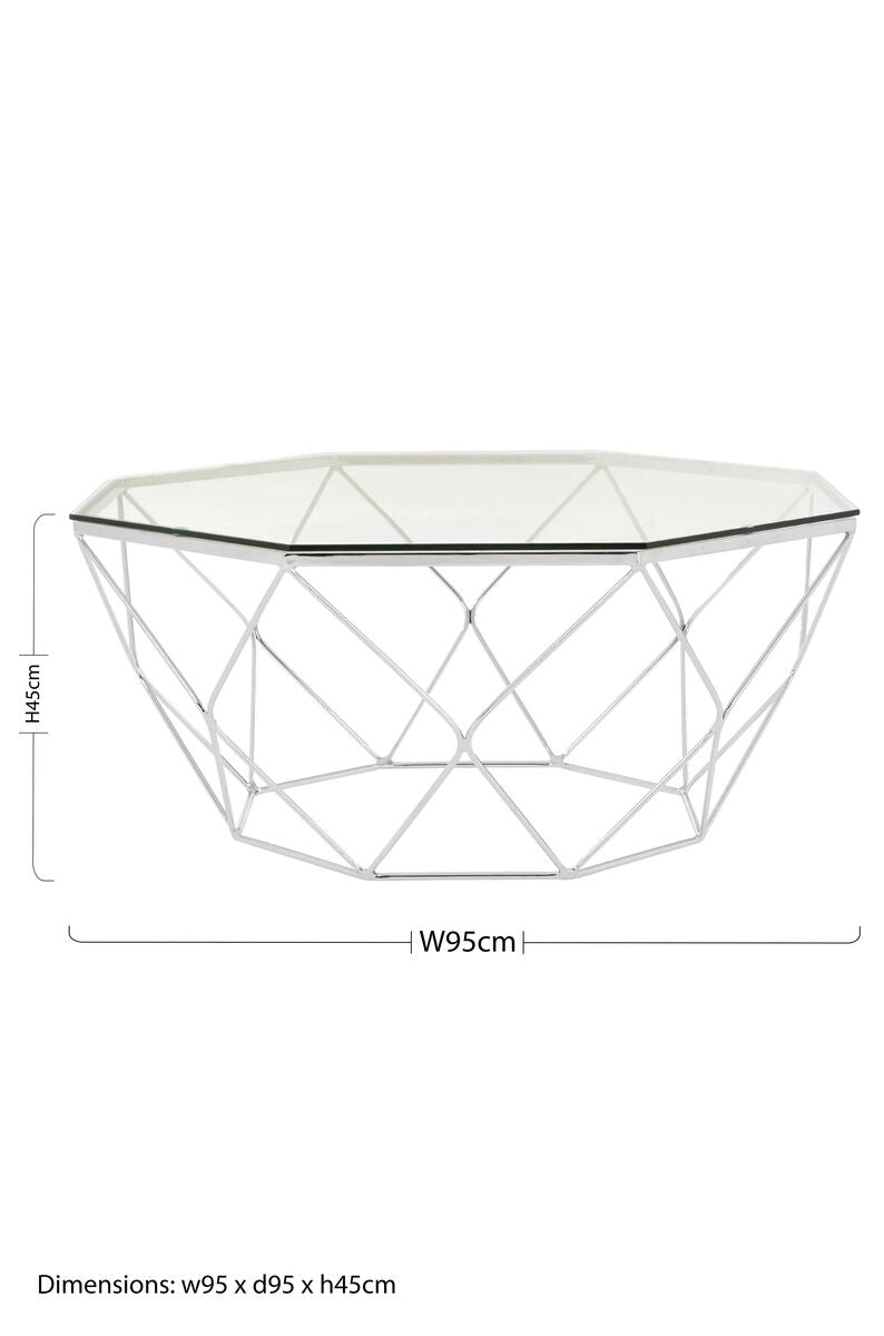 Hexagon Tempered Glass Top Coffee Table with Silver Chrome Geometric Base | Allure