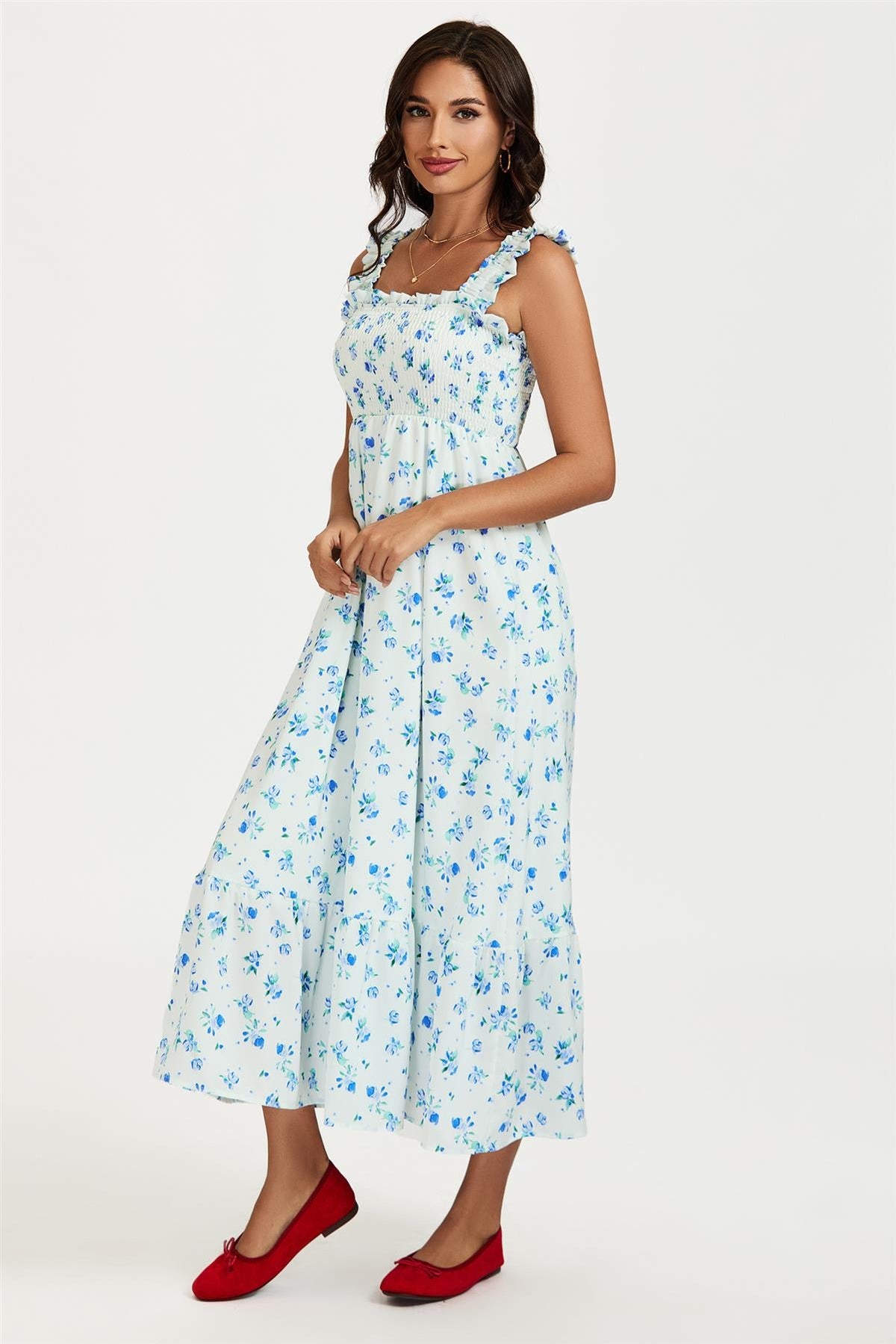 Floral Print Hem Detail Maxi Dress In White