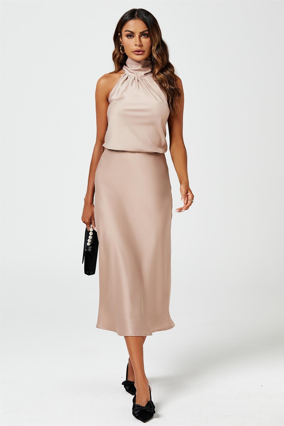 Satin Halter Neck Tie Back Top In Light Brown