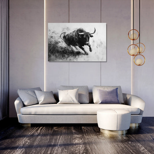 Monochrome Bull Charge Canvas