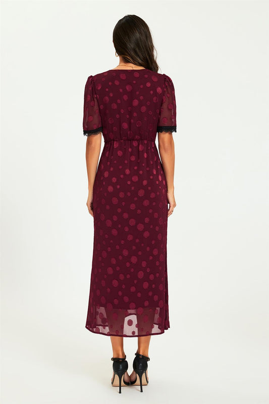 Polka Dot Jacquard Lace Trim Midi Dress In Wine