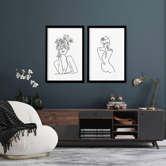 Line drawings art | Set of 2 Feminine wall art for living room