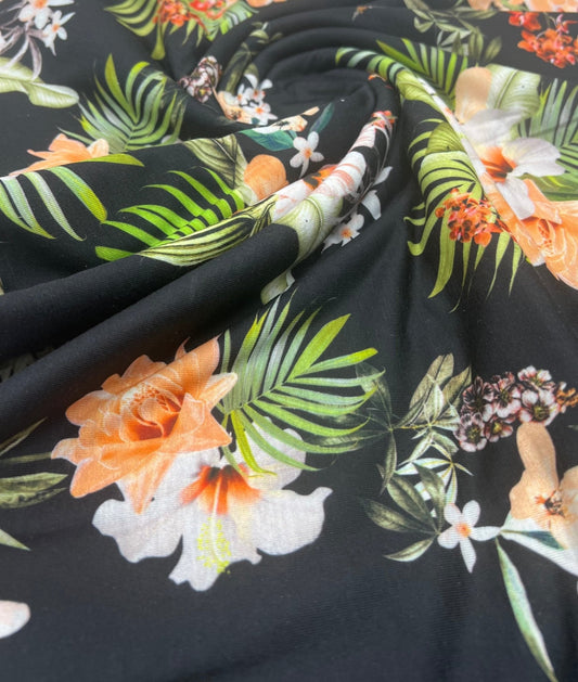 Floral Orange Print Spun Poly Stretch Fabric