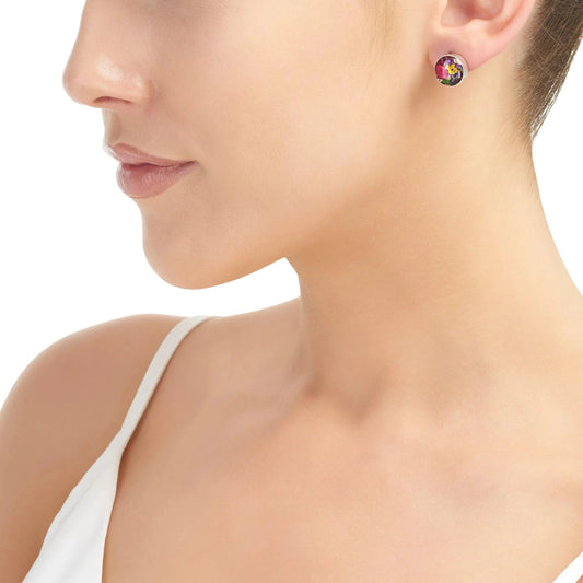 Sterling Silver Round Stud Earrings with Real Flowers