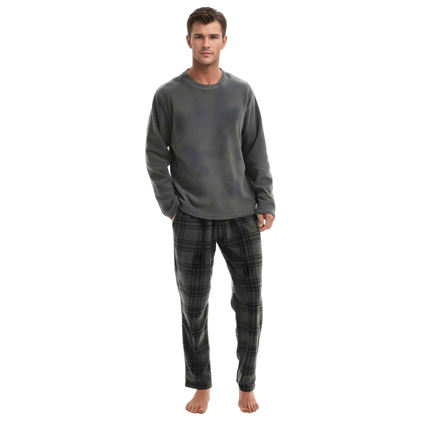 Fluffy Fleece Pajamas for Men – Grey Check Cozy Thermal Pajama Set for Ultimate Comfort