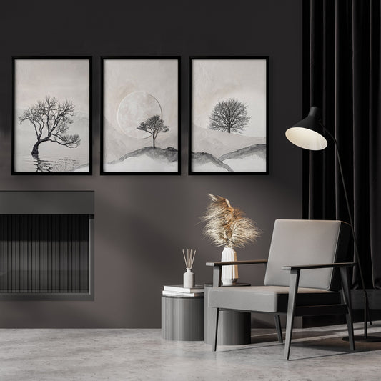 Forest Art Scandinavian Trees & Moon Landscape Wall Art Prints | Set of 3