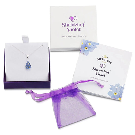 Forget-me-not necklace by Shrieking Violet® Silver teardrop pendant with real forget-me-nots