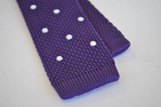 cadbury purple skinny knitted tie with white polka dots