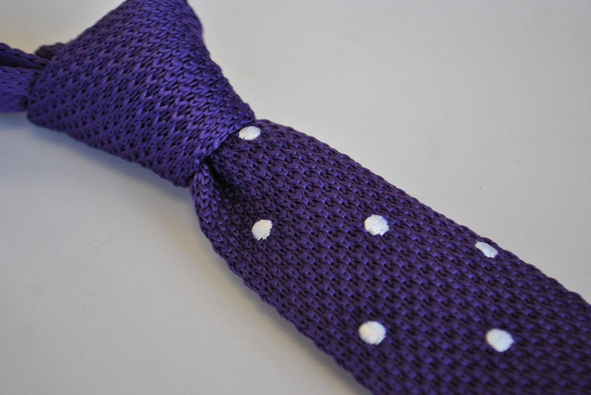 cadbury purple skinny knitted tie with white polka dots