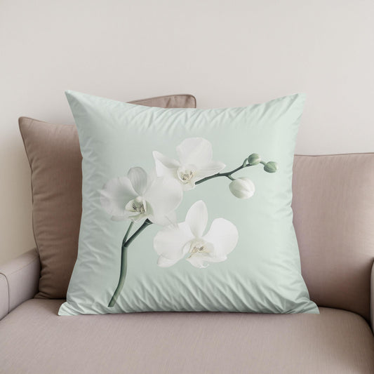 White Orchid on Mint Cotton Cushion