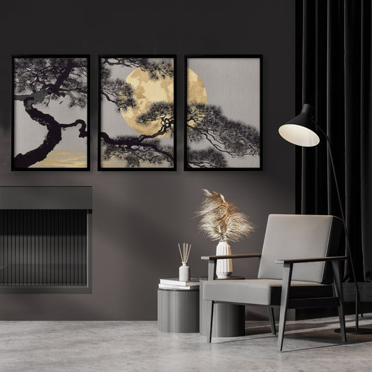 Gold Wall Art Japanese Pine Moon Japandi Art Prints | Set of 3