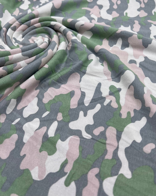 Green Grey Soft Pink Camo Print Viscose Elastane Fabric