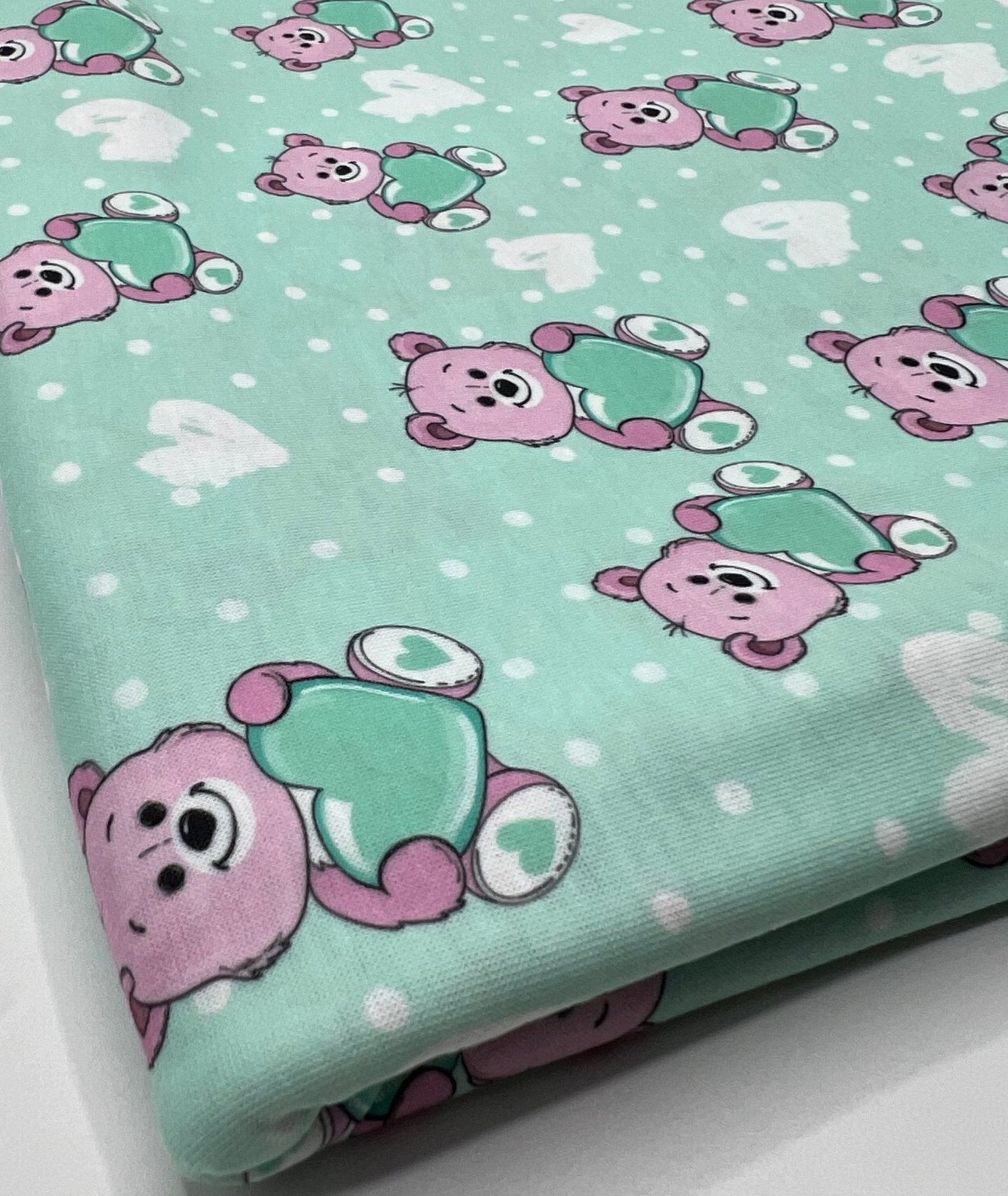 Green Heart Bear Spun Poly Stretch Fabric