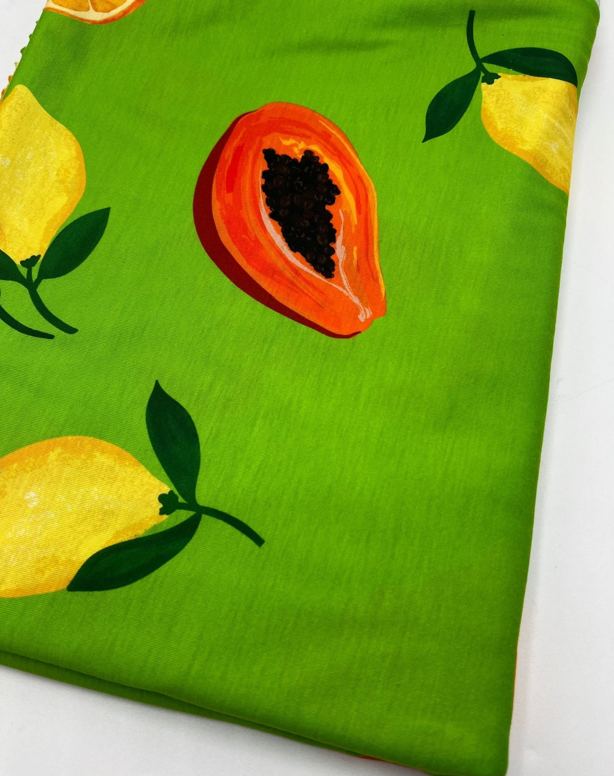 Green Large Fruit Print Spun Poly Stretch Fabric