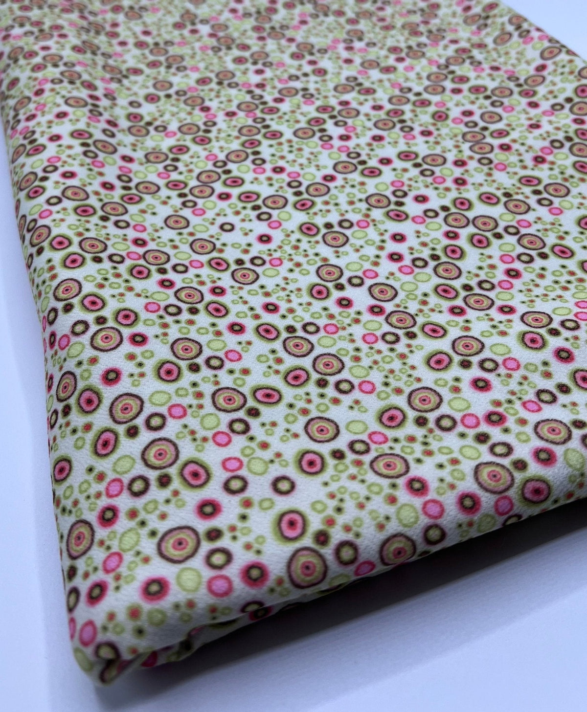 Green & Pink Small Circles Print Lightweight Jersey Crepe Fabric 4 Way Stretch