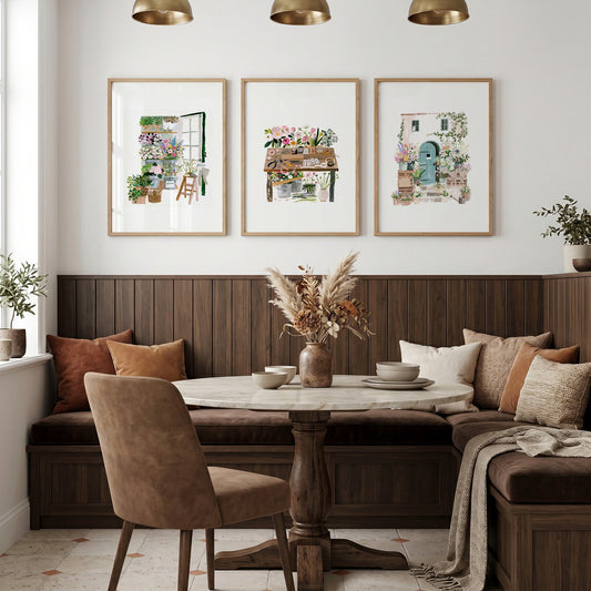 Green Wall Canvas Art Cottage Flower Shop Illustration Prints | Set of 3