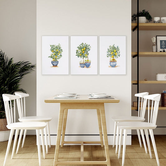 Green Wall Prints French Country Lemon Tree Watercolour Art | Set of 3