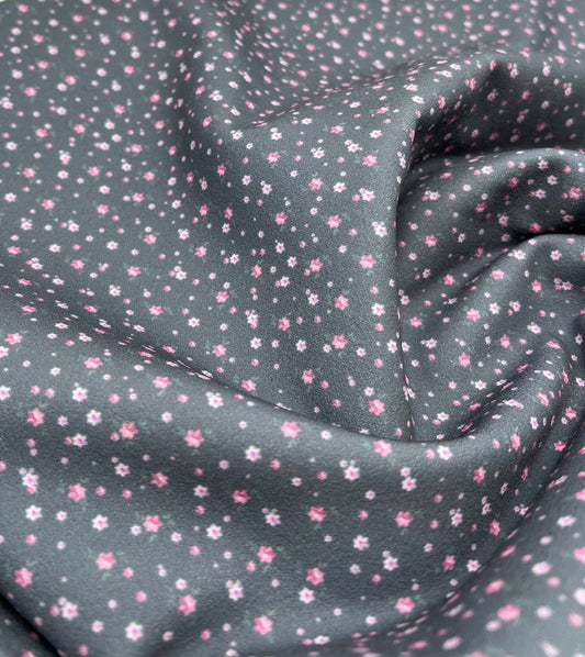 Grey Ditsy Floral Printed Scuba Crepe Jersey Fabric 4 Way Stretch