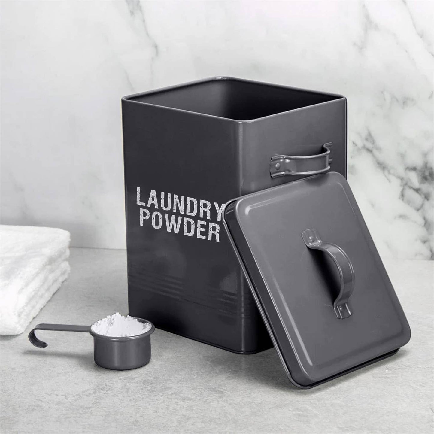 Grey Laundry Powder Tin Box with Handle and Scoop