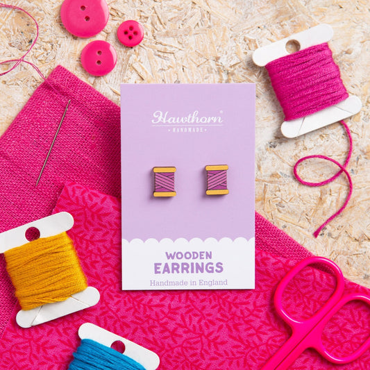 Bobbin Wooden Earrings - Teal, Purple or Orange