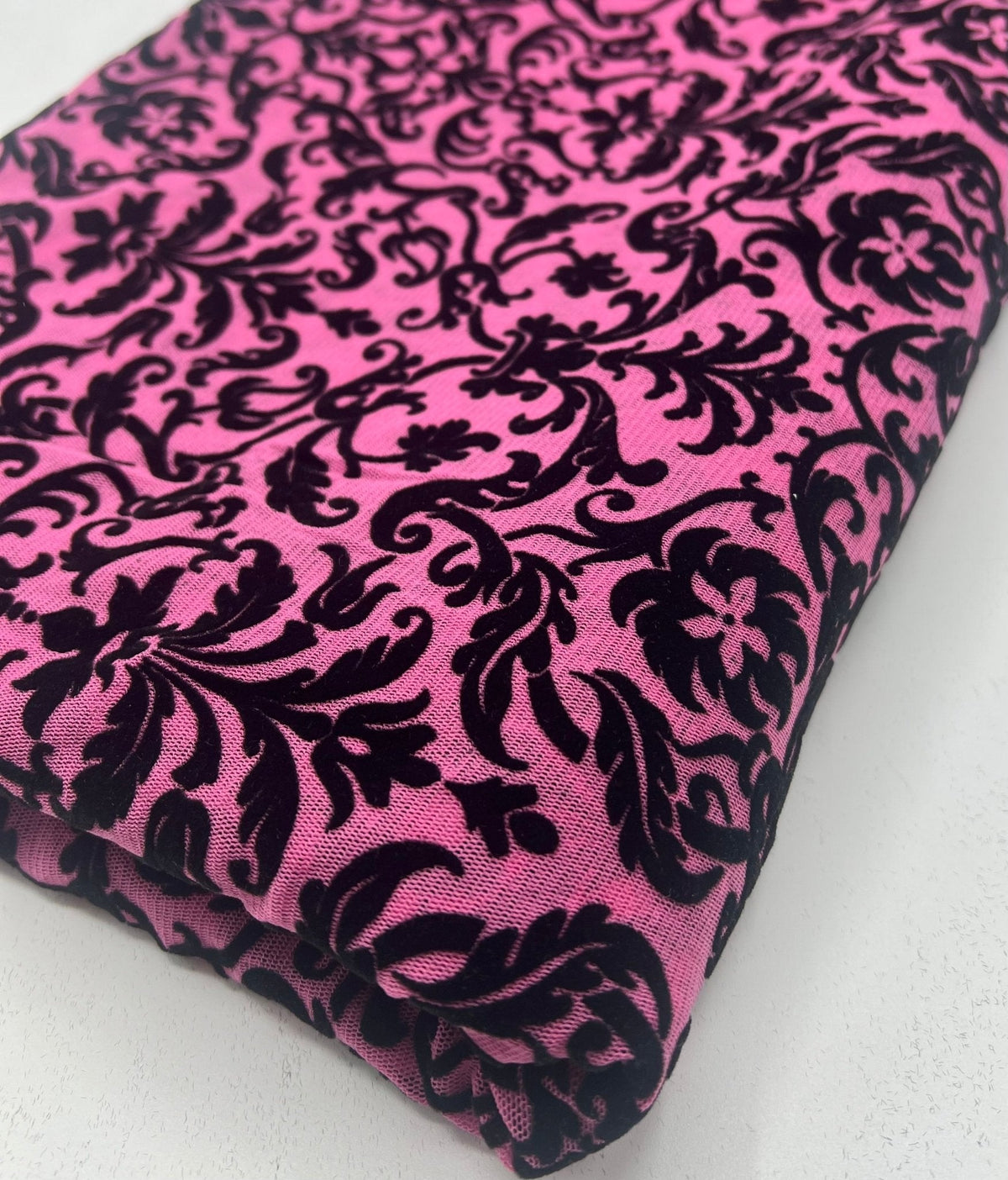 Hot Pink Embossed Flocked Mesh Fabric 2 Way Stretch
