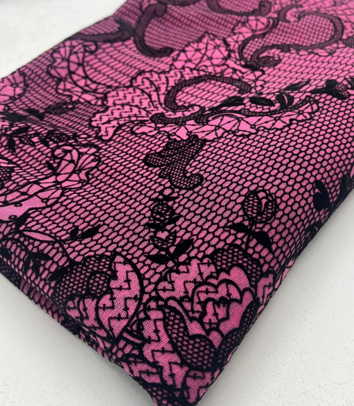 Hot Pink Floral Embossed Flocked Mesh Fabric 2 Way Stretch