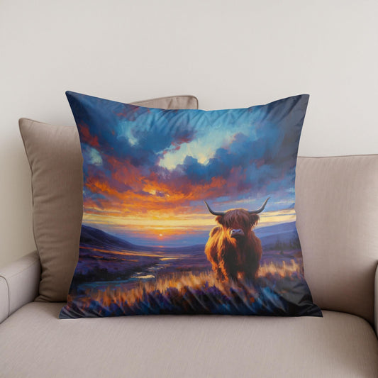 Twilight Contrast Highland Cow Cotton Cushion
