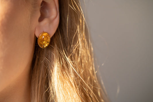 Oval Citrus Amber and Gold Stud Earrings