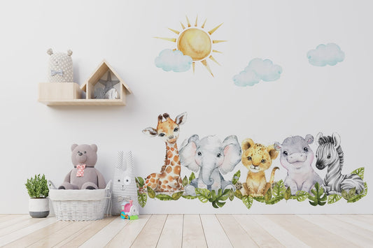 Baby Safari Animals Watercolour Wall Decal | Nursery Mural | Lion Elephant Sticker