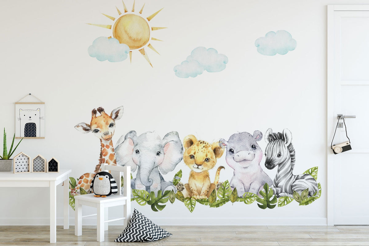 Baby Safari Animals Watercolour Wall Decal | Nursery Mural | Lion Elephant Sticker
