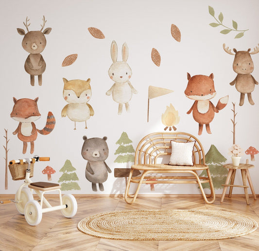 Forest Animals Nursery Wall Decal | Woodland Nursery Decal | Watercolour Bear, Deer, Owl, Fox, Rabbit Stickers | Peel and Stick Wall Decal