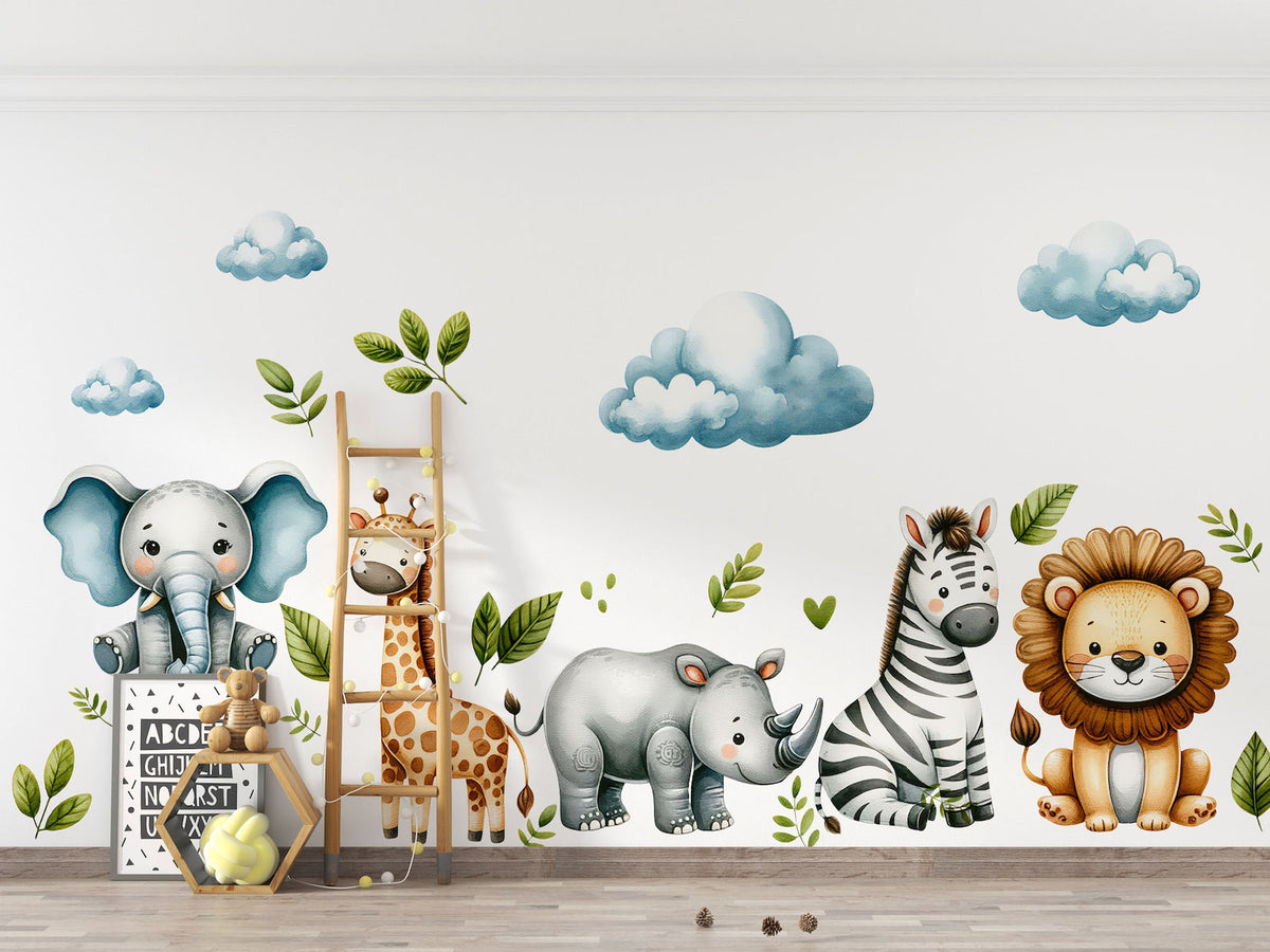Safari Wall Stickers | Set for Kids | Safari Animals | Wall Decals | Africa Watercolour Decals Set | Nursery Peel and Stick Wall Decor
