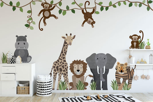 Large Safari Animals and Monkey Wall Decals – Front Facing Style | Jungle Animal Wall Stickers for Nursery