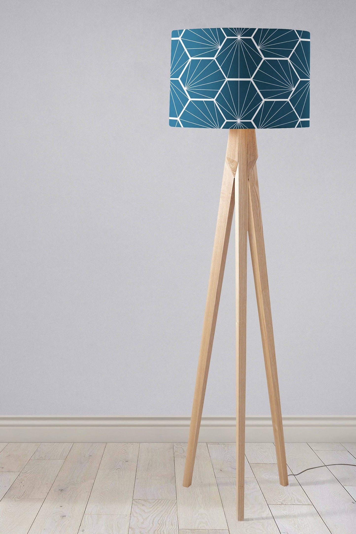 Peacock Blue Lampshade with a White Hexagon Design, Ceiling or Table Lamp Shade